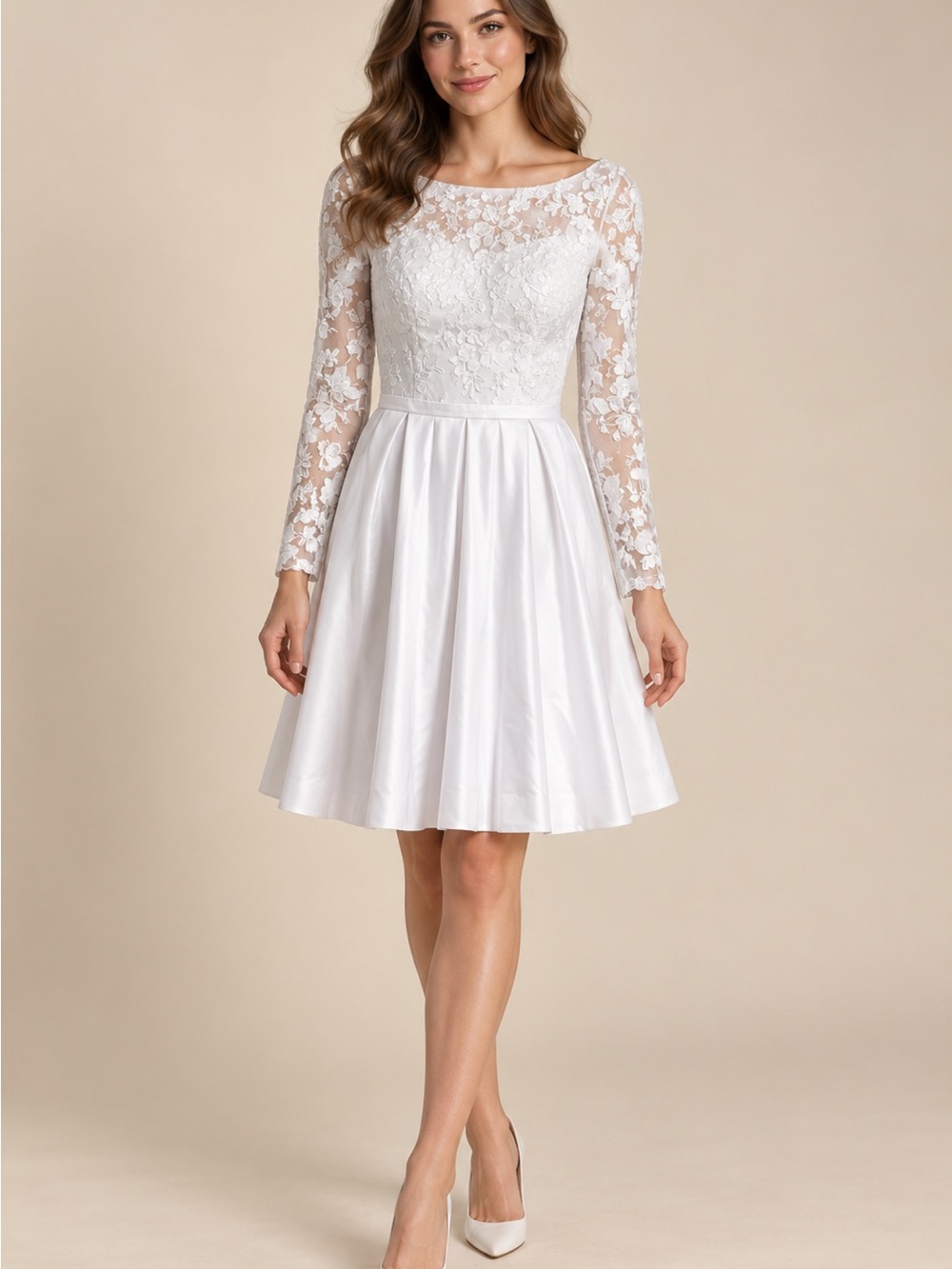 Lace Bodice Midi Dress with Satin Full Skirt